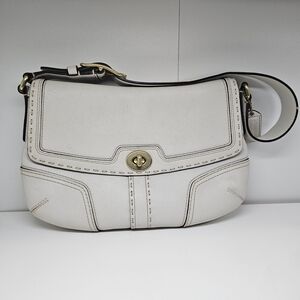 Coach White Leather Shoulder Bag with Brass Turn-Lock